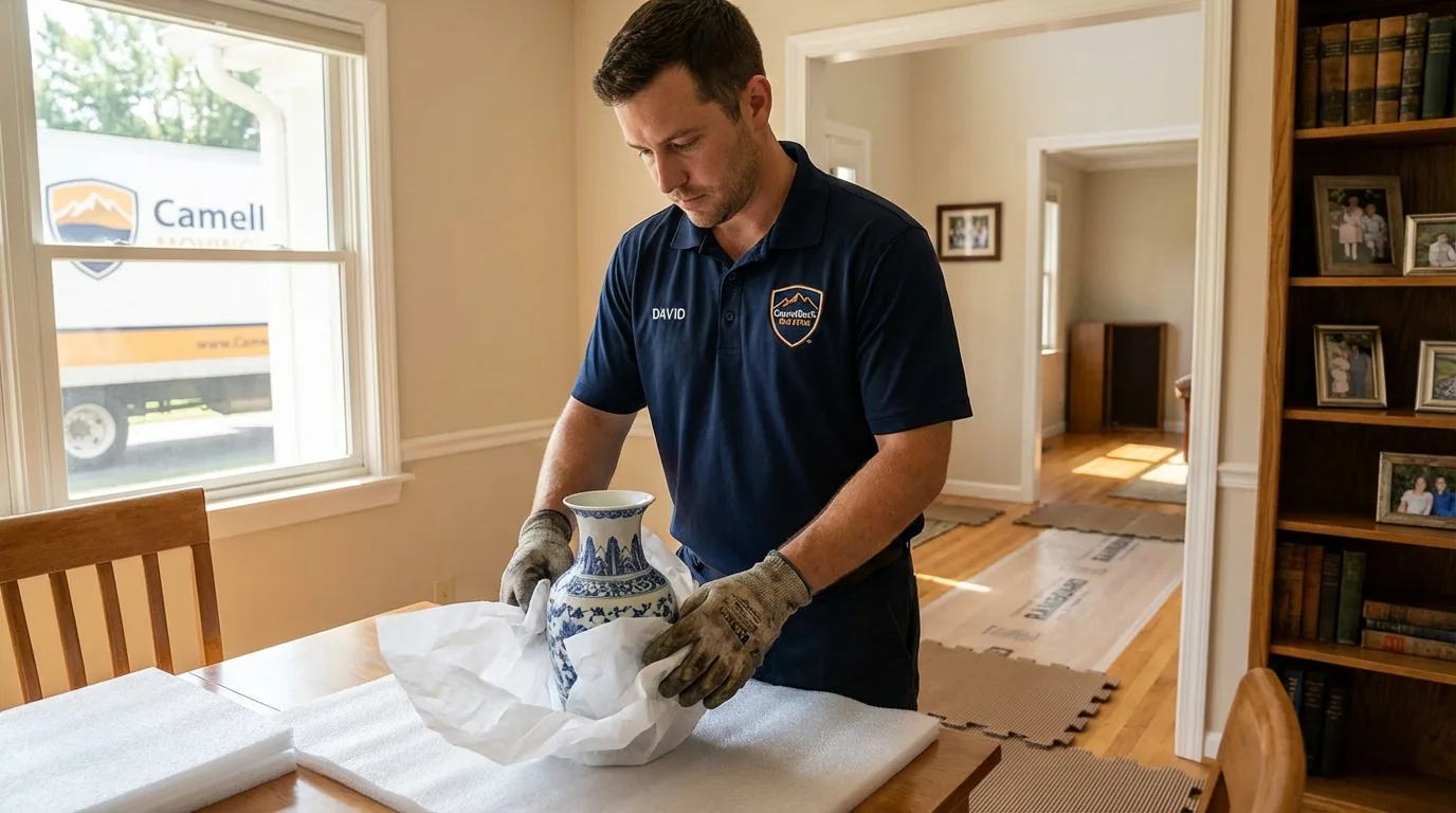 Professional crew carefully wrapping antique vase for senior downsizing move in Altoona, PA
